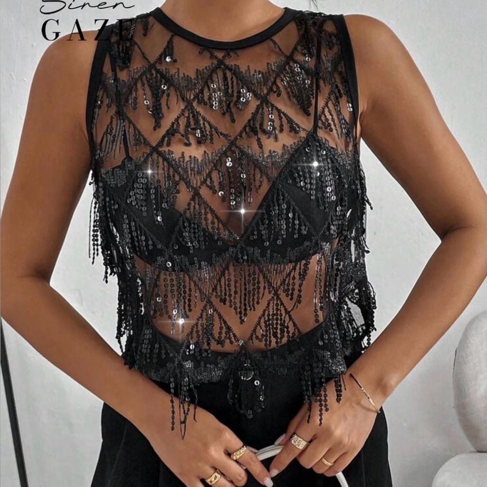 Black Sequin Fringe Mesh Tank Top